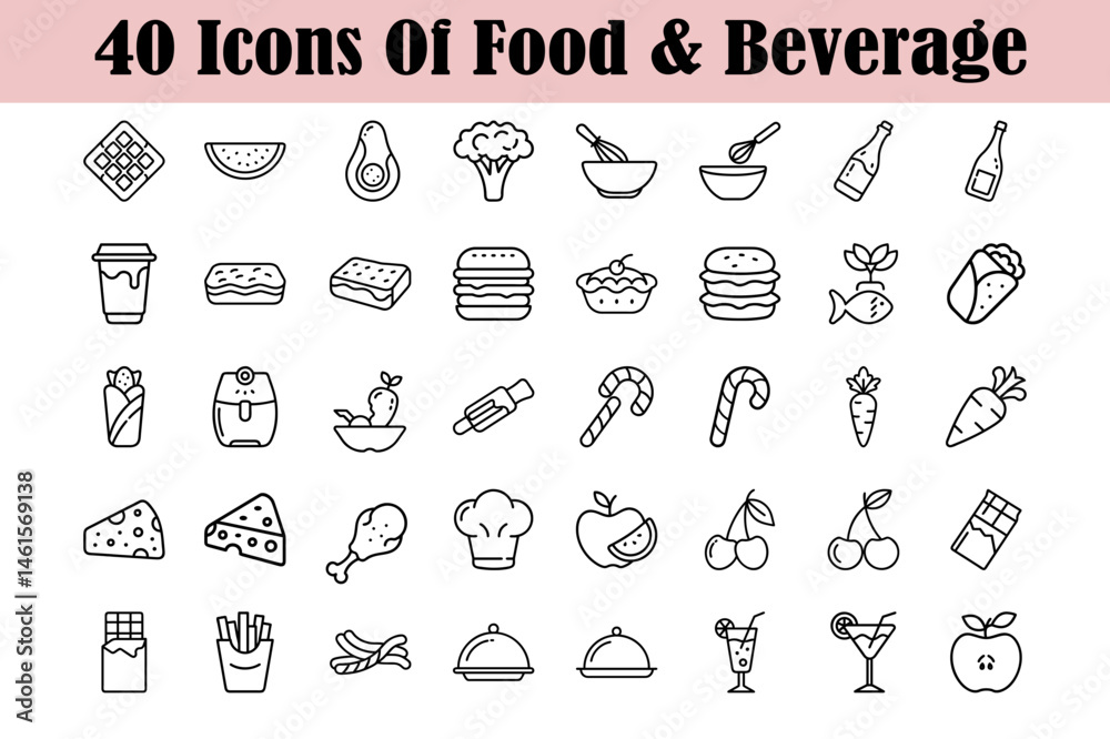 Naklejka premium 40 food and beverage icons featuring various icons for digital design projects