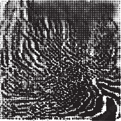 A densely patterned black and white abstract evokes a sense of depth and complexity.