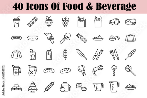 Vector graphic set of forty food and beverage icons with transparency