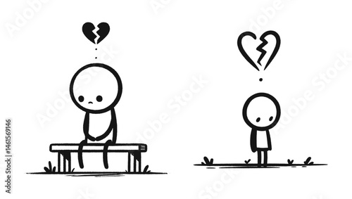 Set of stick figure heartbreak concept with emotional sadness. Simple vector illustrations