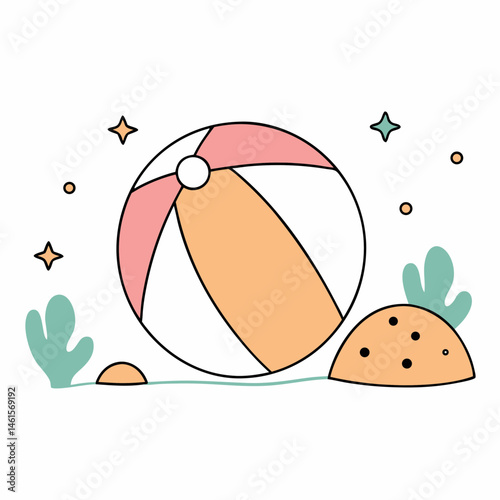 Colorful beach ball rolling on sandy ground with plants in background  