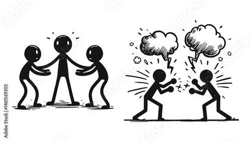 Set of Stick figure conflict concept with frustration and argument. Simple vector illustrations