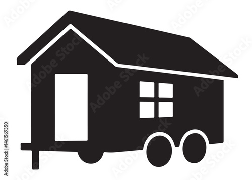 Tiny House logo silhouette vector, camping trailer house logo icon silhouette, wheels house silhouette vector design, house on wheels black silhouette isolated on a white background