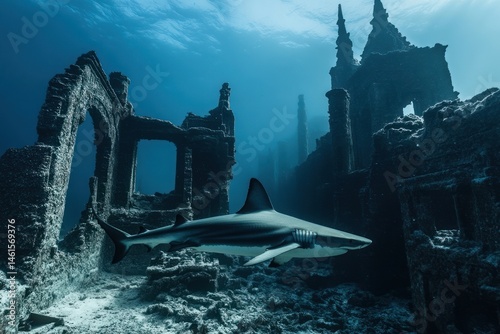 Shark drifting above submerged ruins, mystery and calmness