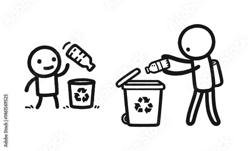 set of a stick figures responsibly recycling plastic bottle. Vector icon. Vector illustrations