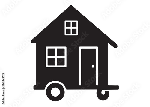 Tiny House logo silhouette vector, camping trailer house logo icon silhouette, wheels house silhouette vector design, house on wheels black silhouette isolated on a white background