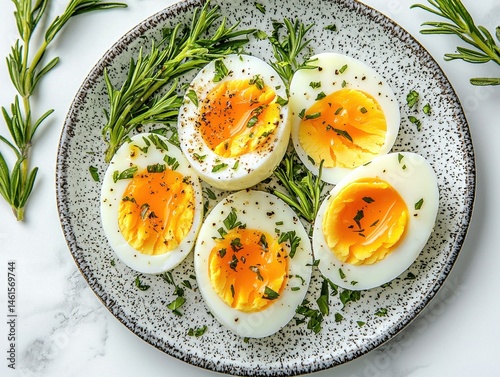 An overhead view displays sliced hard boiled eggs garnished with herbs on a speckled plate set against a white marble background in natural light.