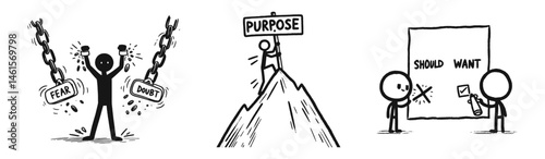 Set of Stick figure self-improvement concept with motivation and mindset shift. Simple vector illustrations