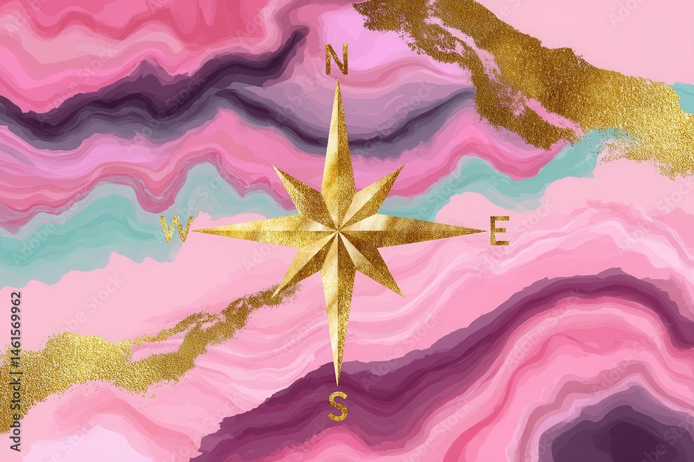 Compass rose art on pink gold abstract background