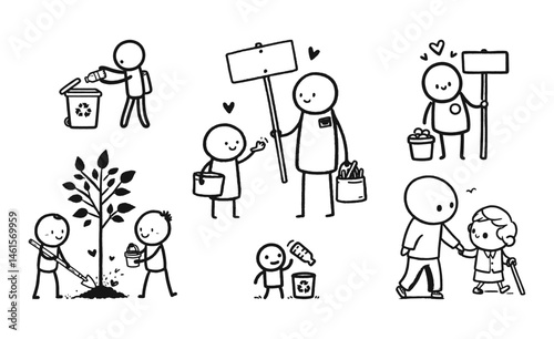 set of a stick figures engaging in various acts of community service and environmental care. Vector illustrations