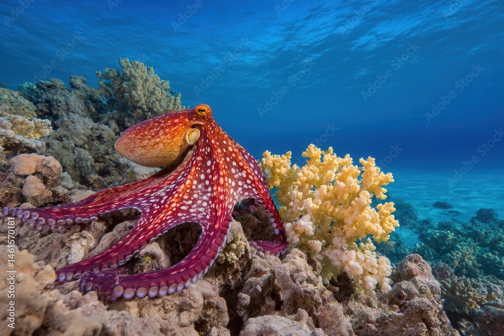 Colorful octopus exploring vibrant coral reef underwater
