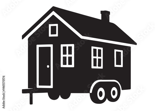 Tiny House logo silhouette vector, camping trailer house logo icon silhouette, wheels house silhouette vector design, house on wheels black silhouette isolated on a white background