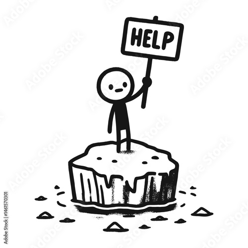 Stick figure distress concept with help signal and survival situation. Simple vector illustration