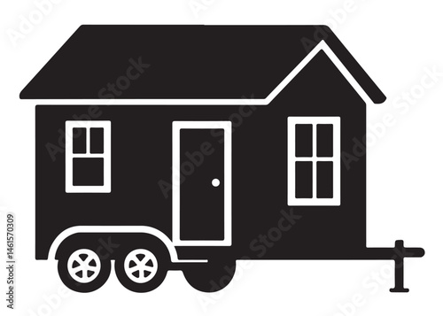 Tiny House logo silhouette vector, camping trailer house logo icon silhouette, wheels house silhouette vector design, house on wheels black silhouette isolated on a white background