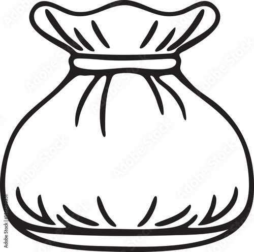A simple black and white sack sits upright.