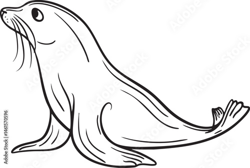 A smiling seal gracefully stretches its flipper against a white background.
