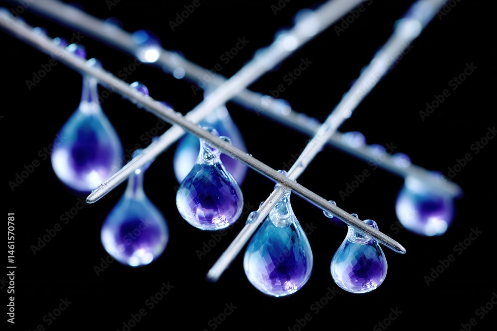 Beautiful macro capture of purple water droplets on metal rods