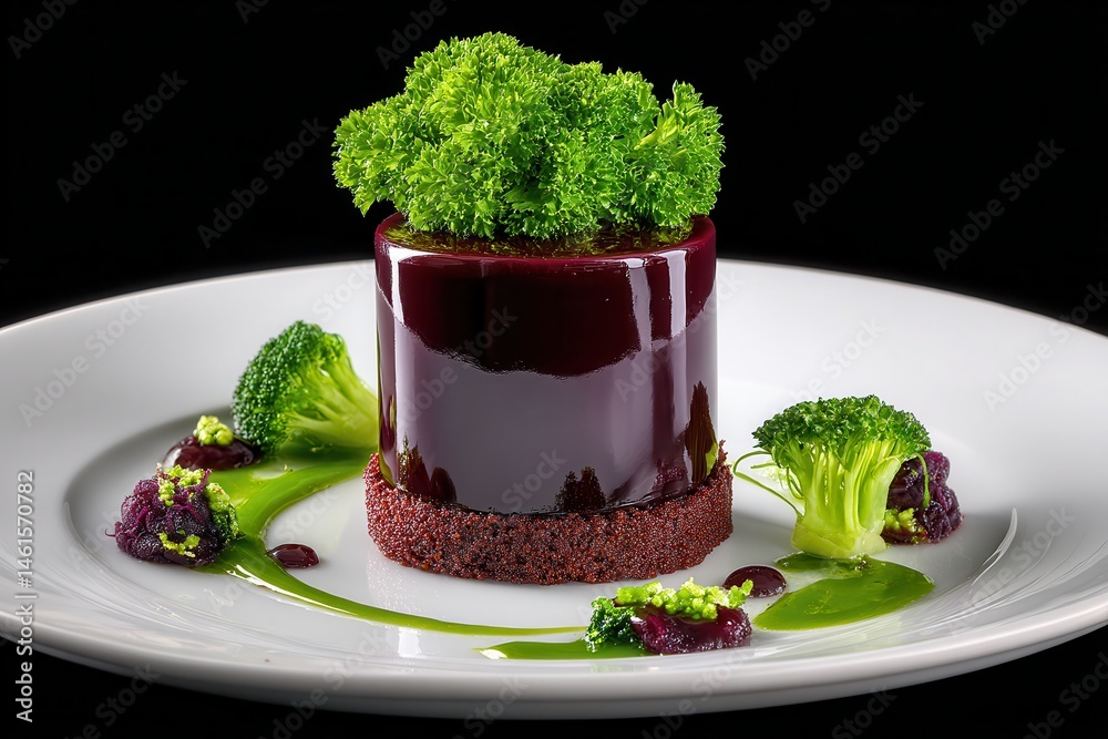 Exquisite gourmet dessert with creative broccoli garnish