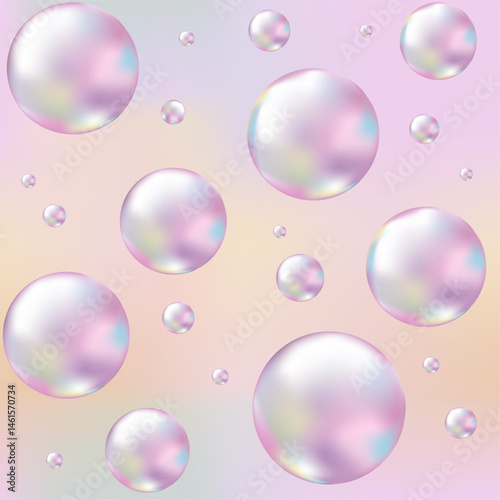 Abstract seamless pattern in Y2K style. Three-dimensional bubbles on Gradient Pink and Orange background. 3d holographic retro template. Future galaxy aesthetic, 3D chrome bubble art.