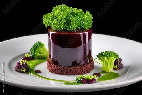 Exquisite gourmet dessert with creative broccoli garnish