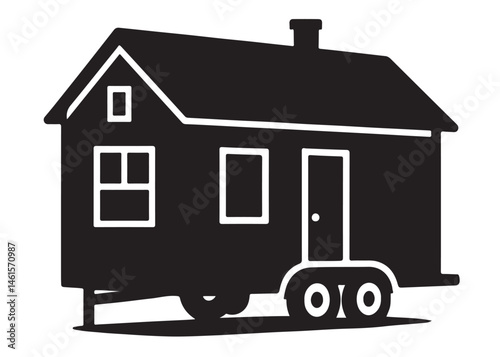 Tiny House logo silhouette vector, camping trailer house logo icon silhouette, wheels house silhouette vector design, house on wheels black silhouette isolated on a white background