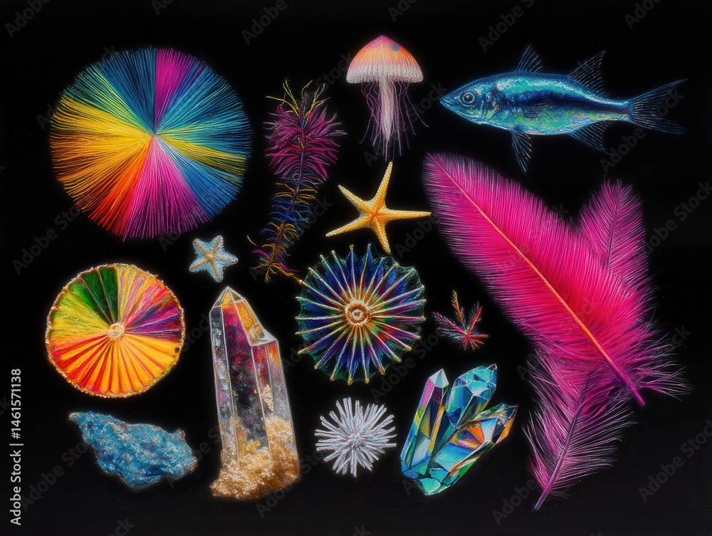Vibrant display of colorful iridescent objects on black background