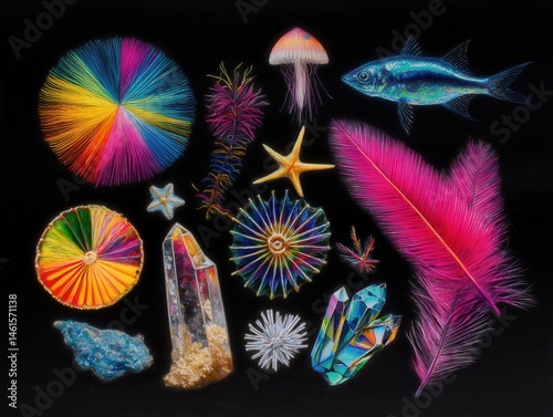 Obraz na płótnie Vibrant display of colorful iridescent objects on black background w salonie