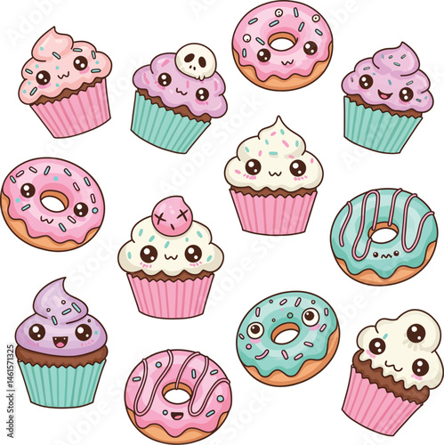 Kawaii Cupcakes and Donuts Illustration
