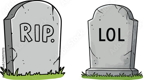 Cartoon Tombstones with RIP and LOL Inscriptions, Humorous Grave Markers