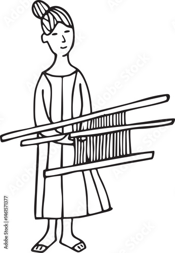 A young woman carries a woven textile on her back.