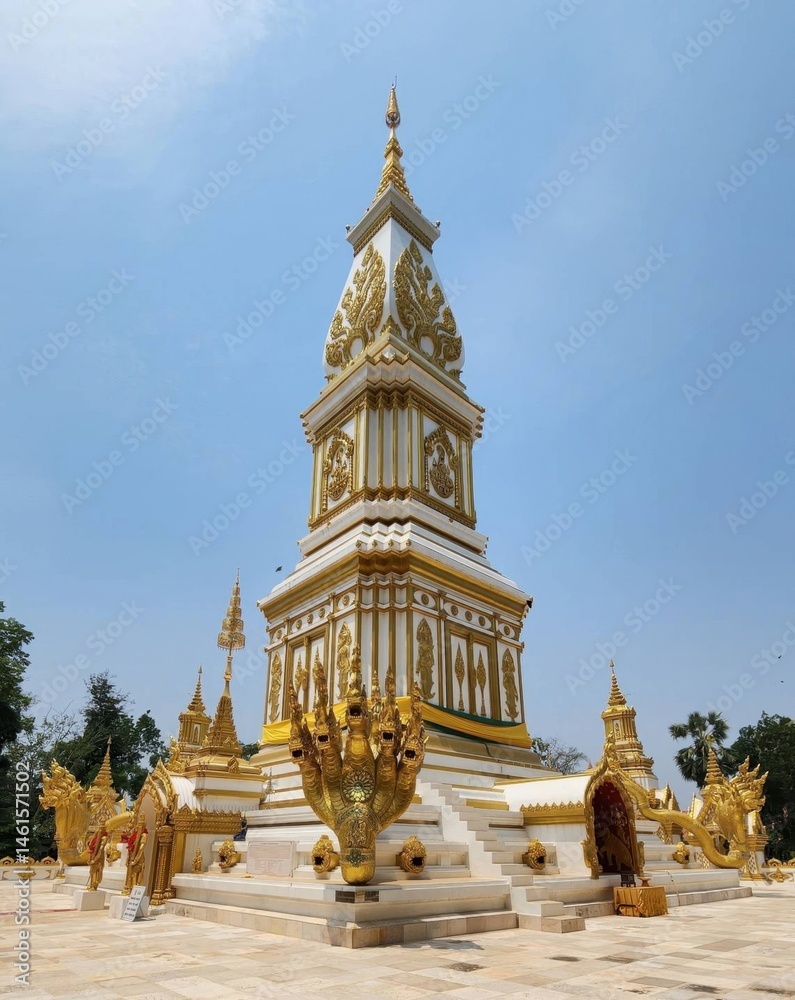 Naklejka premium Stunning Golden Stupa in a Serene Temple Setting Under Clear Sky