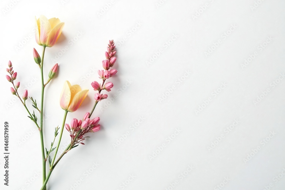 Fototapeta premium Delicate, minimalist floral sprigs on white background, white, small flowers, botanical