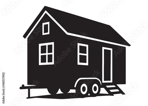 Tiny House logo silhouette vector, camping trailer house logo icon silhouette, wheels house silhouette vector design, house on wheels black silhouette isolated on a white background