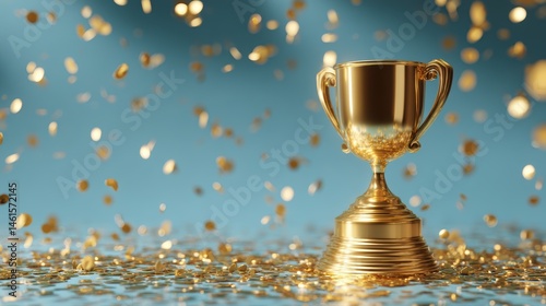 Golden winner trophy on podium, shining with success and achievement, sports victory theme