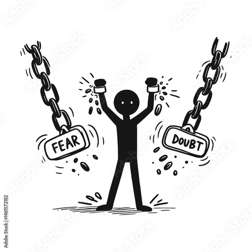 Stick figure overcoming fear and doubt concept with breaking chains. Simple vector illustration