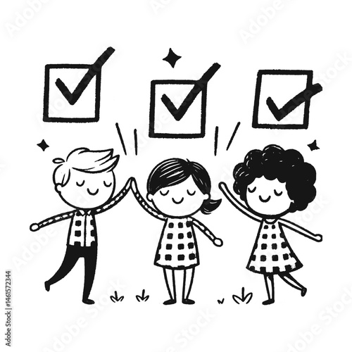 three cheerful cartoon children celebrating success with checkmarks above them. Vector illustration