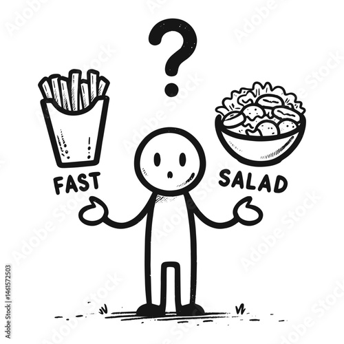 Stick figure food choice concept with fast food vs healthy decision. Simple vector illustration