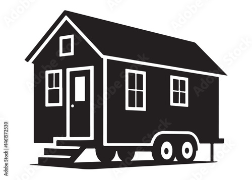 Tiny House logo silhouette vector, camping trailer house logo icon silhouette, wheels house silhouette vector design, house on wheels black silhouette isolated on a white background