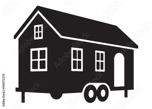 Tiny House logo silhouette vector, camping trailer house logo icon silhouette, wheels house silhouette vector design, house on wheels black silhouette isolated on a white background