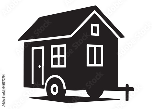 Tiny House logo silhouette vector, camping trailer house logo icon silhouette, wheels house silhouette vector design, house on wheels black silhouette isolated on a white background