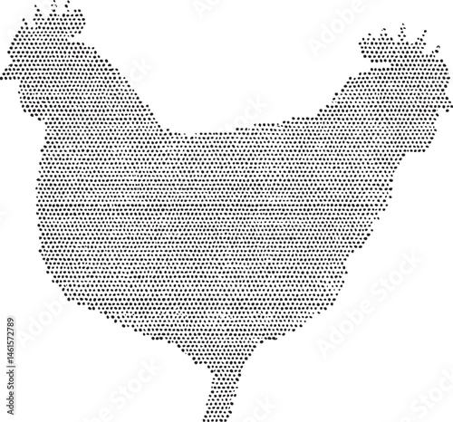 A stylized black and white chicken silhouette dominates the