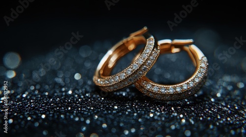 Beautiful close-up of gold hoop earrings with tiny diamonds, glittering softly under controlled lighting
