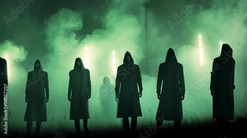 Silhouette figures in dark cloaks, mystic atmosphere
