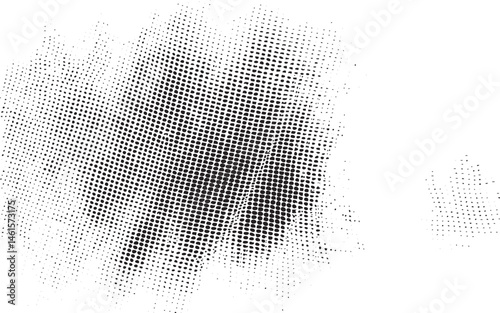 A dense textured of small black dots emerges from a white background.
