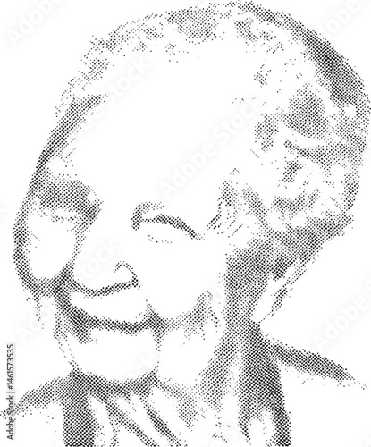 A grayscale portrait of a mature woman smiling warmly.