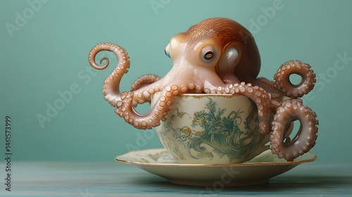 Soft pastel-colored background with an octopus curiously poking out from a porcelain teacup