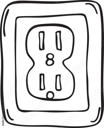 A black electrical outlet with two prongs displayed in a cartoon style.