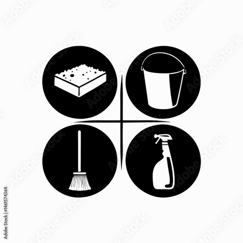 Cleaning Tools in Simple Icons on a Minimalist Background  
