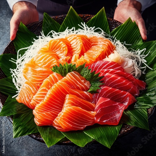 a chef arranging sashimi on a leaf for natural plating, traditional Japanese theme, photorealistic details, earthy tones, isolated on white background
