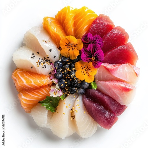 sashimi presented as a food bouquet, creative culinary arrangement, realistic design, vibrant colors, isolated on white background